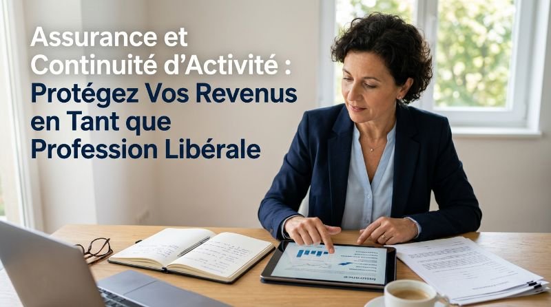 Illustration d'un professionnel libéral consultant des documents d'assurance pour garantir la continuité de son activité et protéger ses revenus