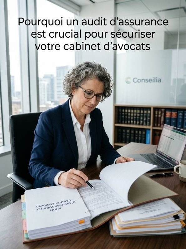 Illustration montrant un avocat analysant des documents d'assurance pour sécuriser le cabinet juridique