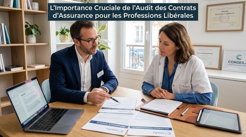 Illustration montrant un professionnel libéral examinant des documents d'assurance pour un audit crucial, soulignant l'importance de la vérification des contrats d'assurance