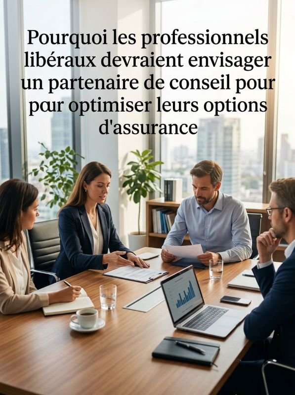 Consultant expliquant des options d'assurance à un professionnel libéral, symbolisant l'optimisation et la stratégie de couverture