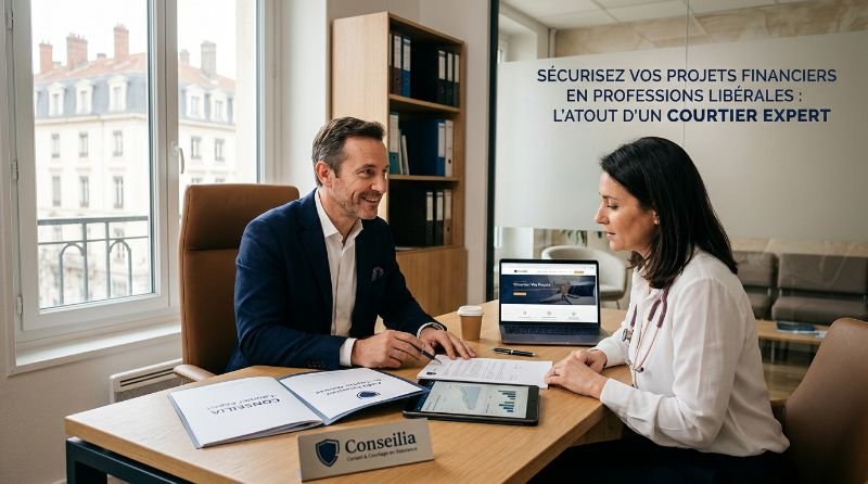 Illustration d'un courtier expert conseillant un professionnel libéral sur la sécurisation de ses projets financiers, soulignant l'importance du courtage en professions libérales dans la gestion financière